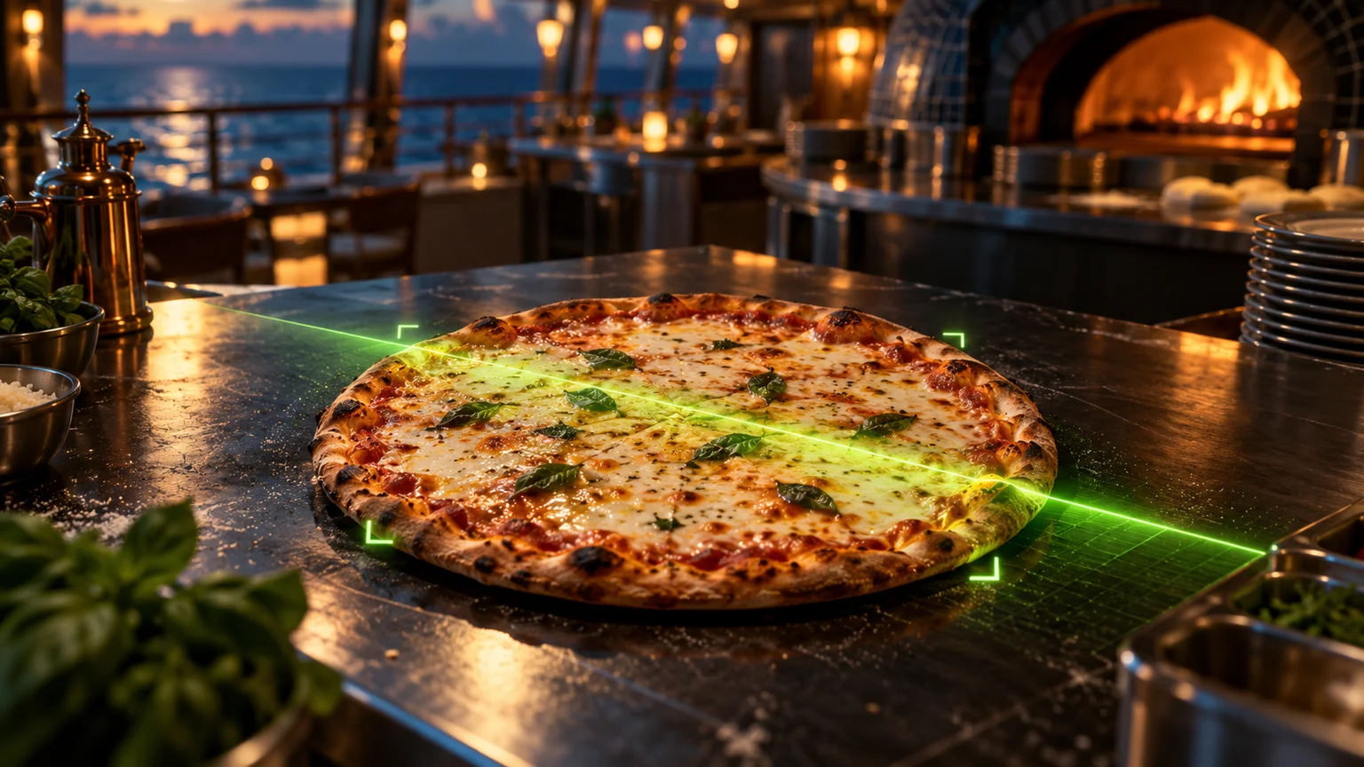 Pizza vision model scanning a cheese pizza with a green light